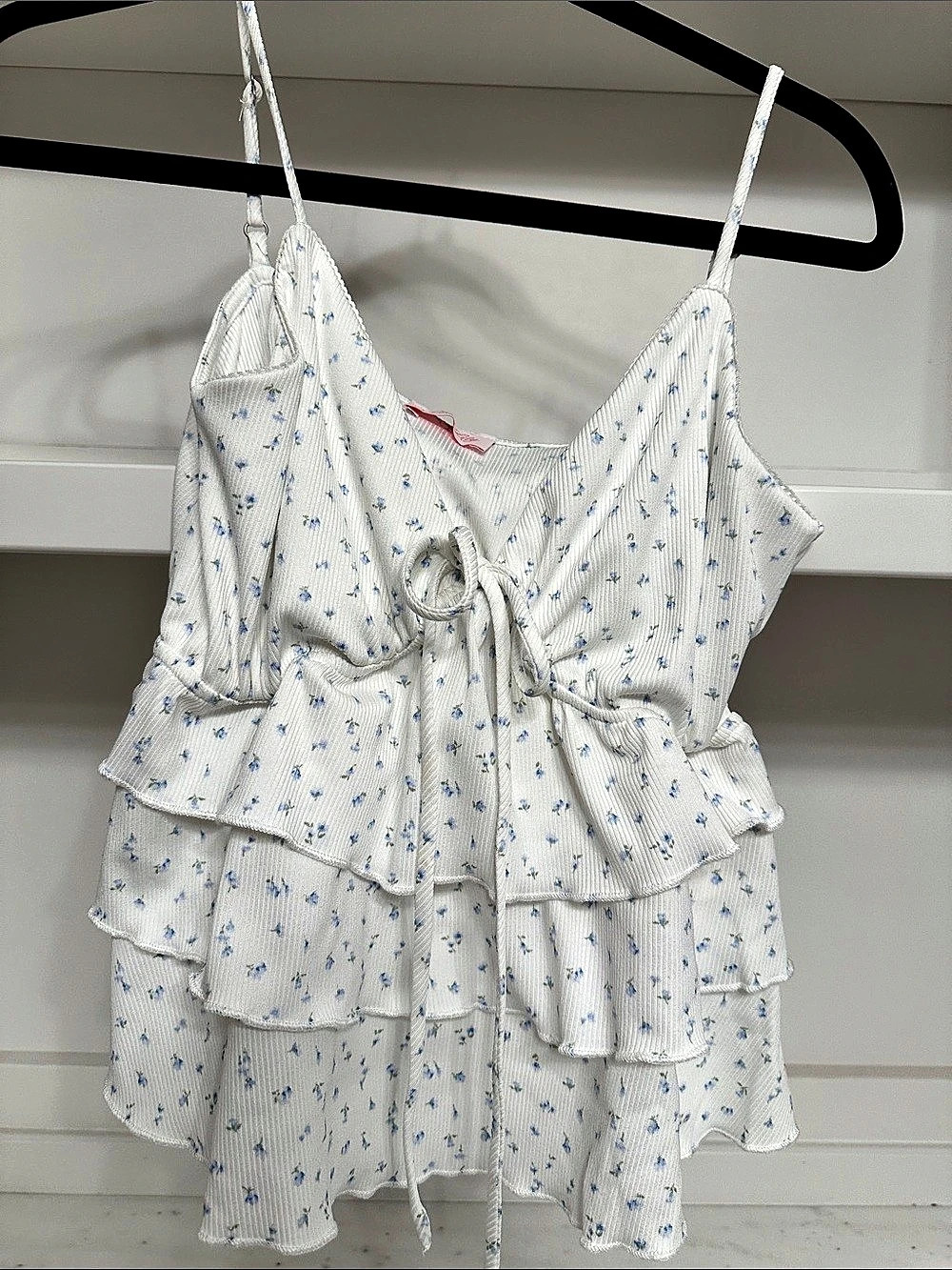 Pink Lily small  Floral Ruffle Mini top in White & Blue Like New
